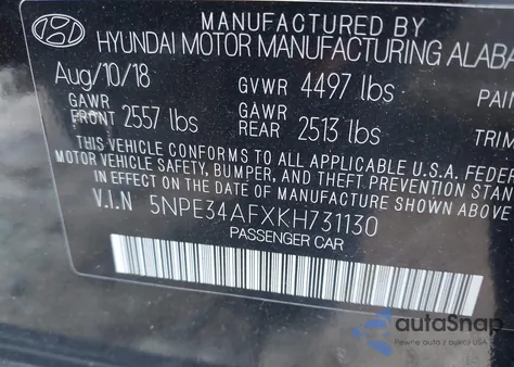 2019 Hyundai Sonata Sel z USA, uszkodzony, nr VIN 5NPE34AFXKH731130
